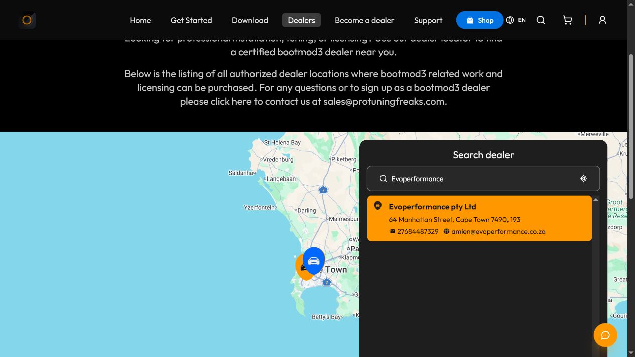 Official BM3 dealer locator filtered to Evoperformance Pty Ltd in Cape Town