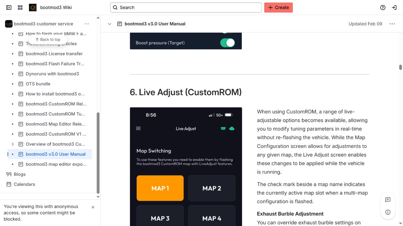 BM3 manual showing four CustomROM Live Adjust map slots