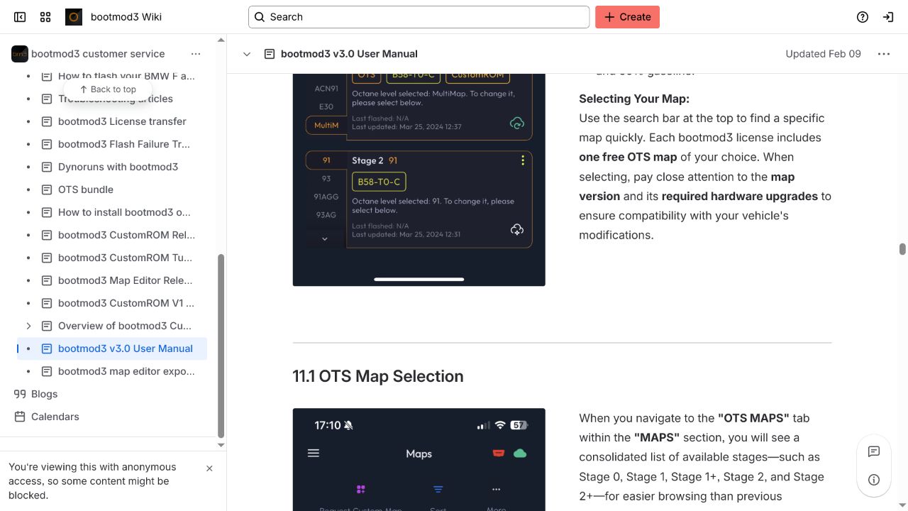 BM3 manual explaining OTS map stage, version and required hardware selection