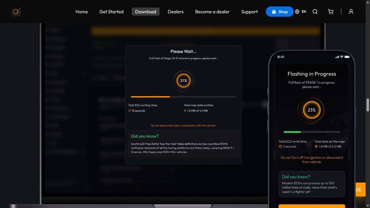 Official BM3 desktop and phone interface showing an ECU flash in progress