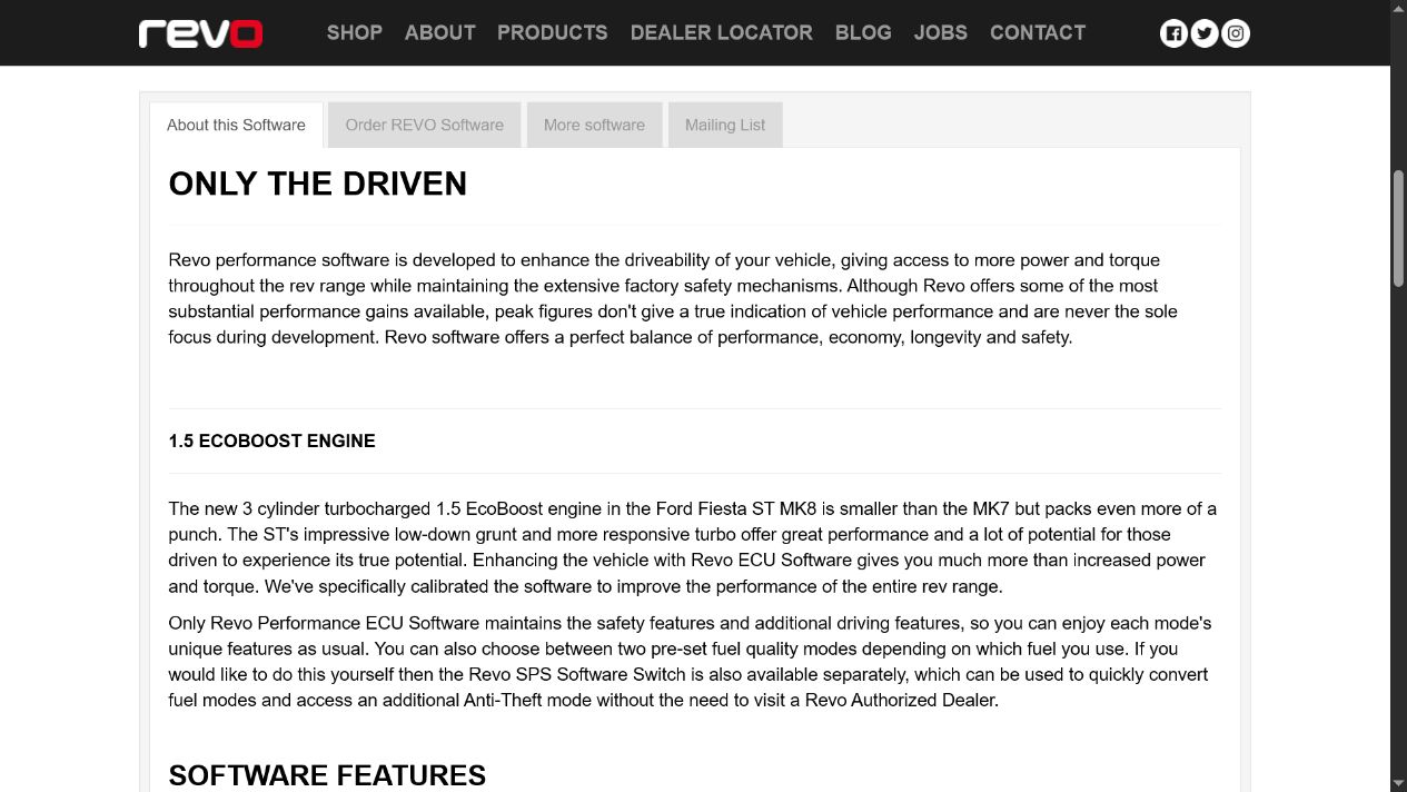 Revo page describing performance, economy, longevity and safety priorities for an OTS product